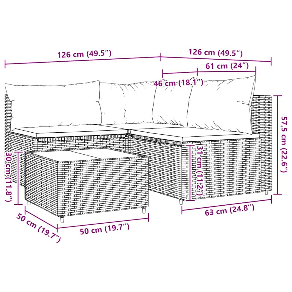 Geflochtenes Sofaset mit Abmessungen. Zeigt ein Ecksofa und eine Fußstütze mit beschrifteten Maßen.