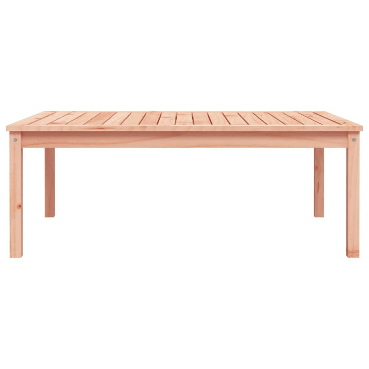 Holztisch mit Lattenoberfläche und vier Beinen. Er ist braun und auf weißem Grund.