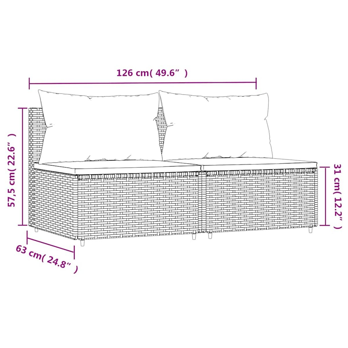 Korbmöbel-Sofa mit zwei Kissen und Abmessungen. Es ist 126 cm lang, 63 cm breit und 57,5 cm hoch.