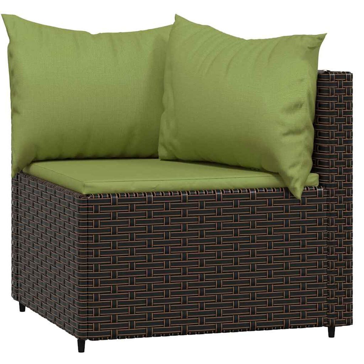 Ecksofa aus Korbgeflecht mit grünen Kissen. Brauner Rahmen.