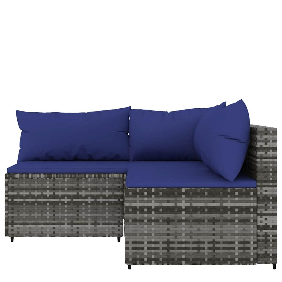 Ein graues, gewebtes Sofa mit blauen Kissen, in L-Form angeordnet.