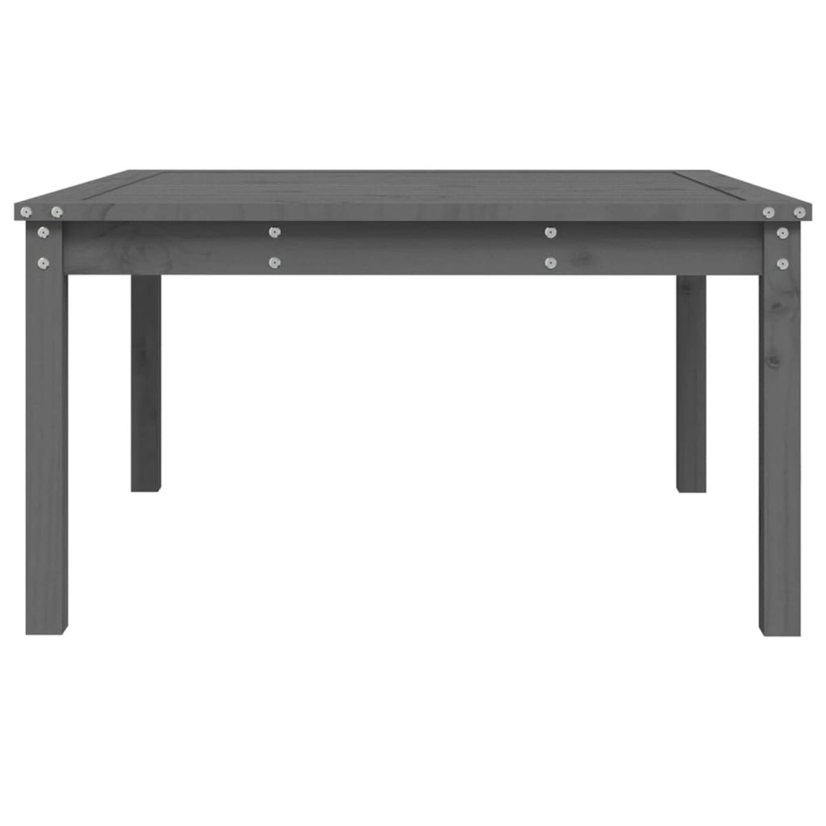 Ein grauer quadratischer Tisch mit einer Holzplatte. Die Beine sind quadratisch und der Tisch ist leer.