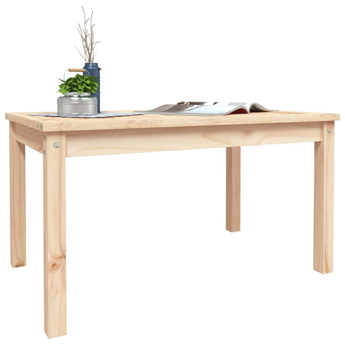Ein Holztisch mit Pflanzen und einer Zeitschrift auf weißem Hintergrund.