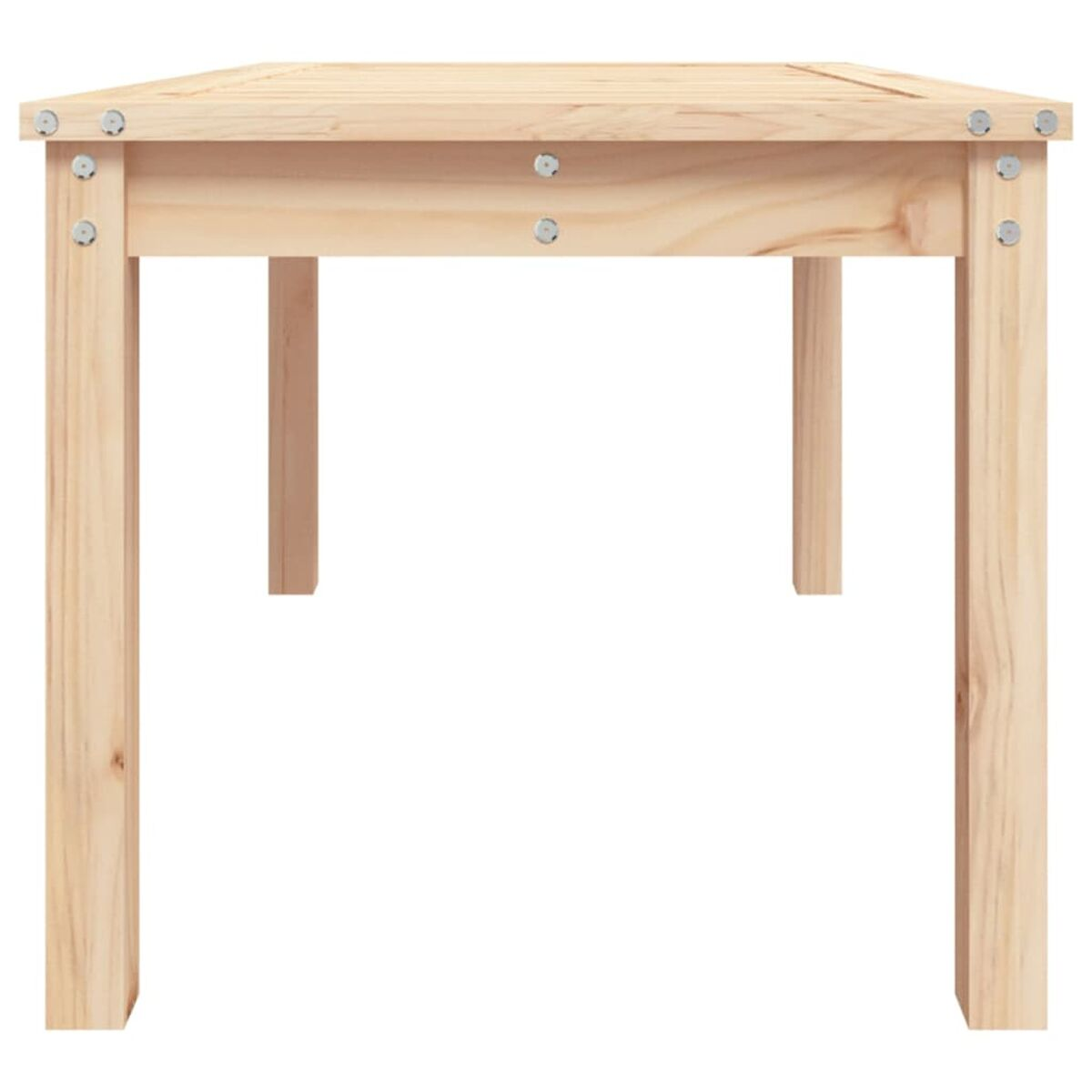 Holztisch, Draufsicht. Die Oberseite besteht aus Holzplanken. Silberne Bolzen sichern die Oberseite.