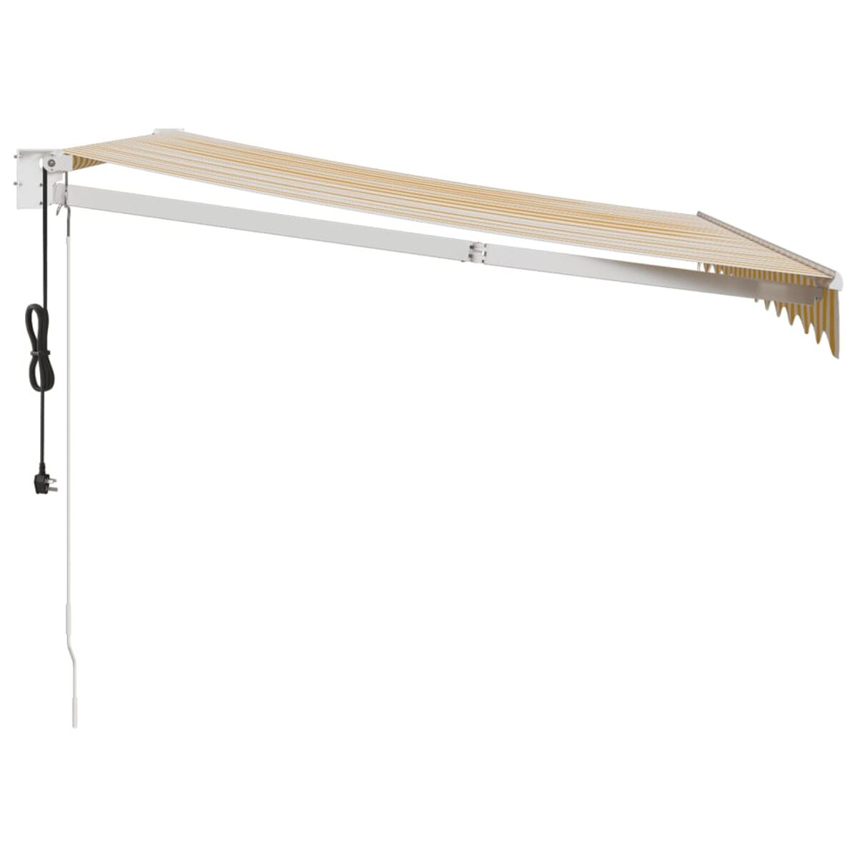Ausgefahrene Markise mit weißen und beigen Streifen. Schwarzes Netzkabel mit Stecker.