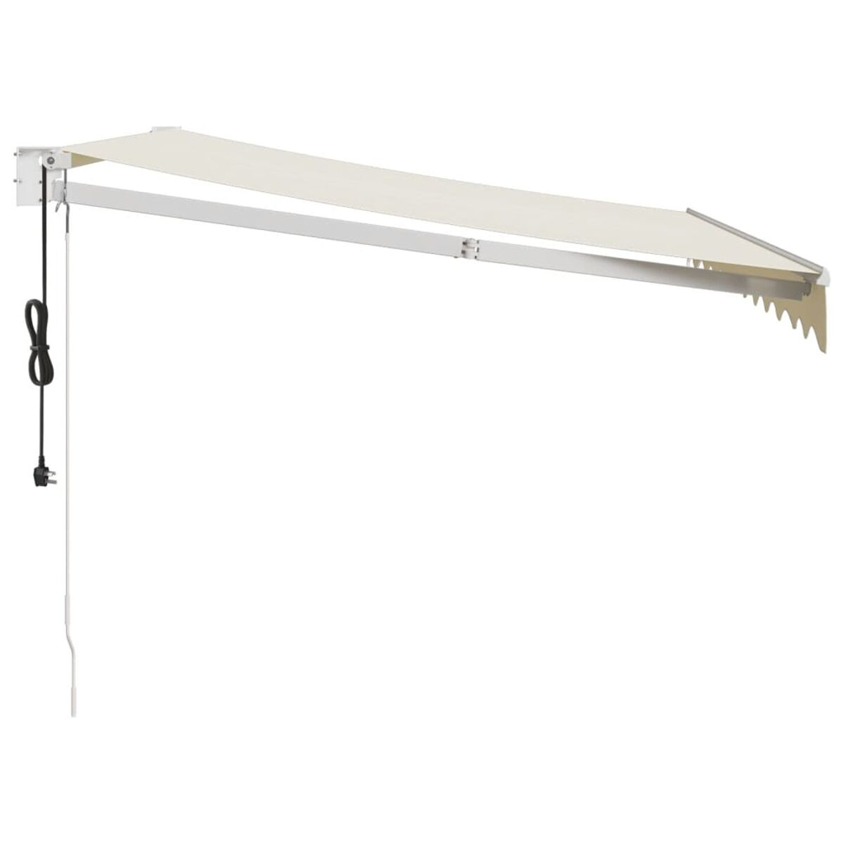 Weiße Markise an weißer Wand montiert, mit schwarzem Kabel und Stecker links hängend.
