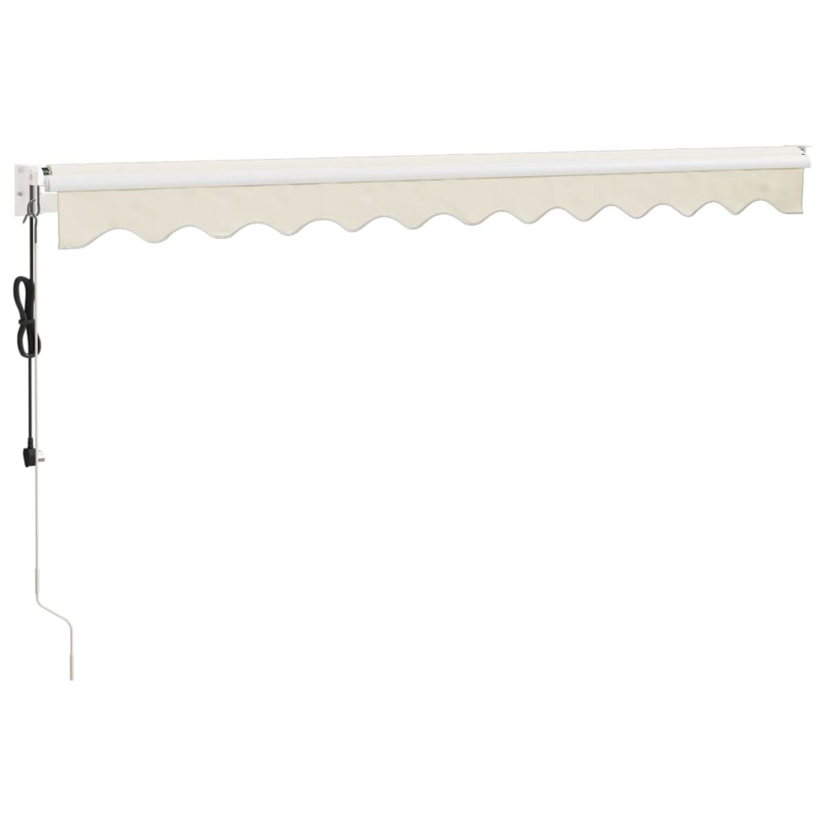 Eine cremefarbene Markise mit gewelltem Rand, an einer weißen Wand montiert. Links hängt ein schwarzes Kabel.
