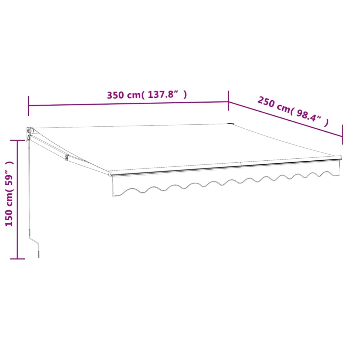 Eine Markise mit angegebenen Abmessungen. Abmessungen sind 350 cm x 250 cm. Weißer Hintergrund.