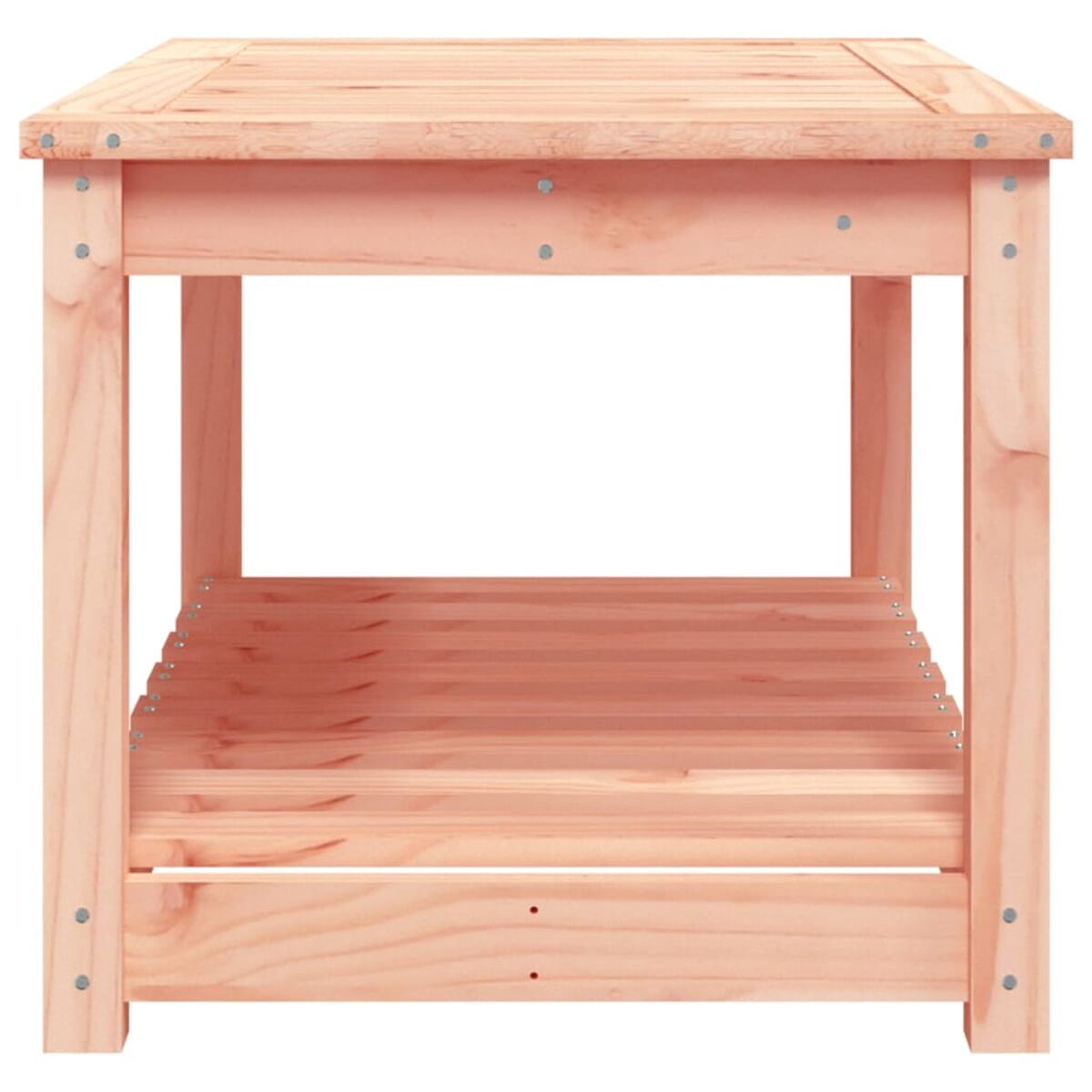 Holz-Beistelltisch. Zwei Regale, quadratische Form, hellbraune Farbe, sichtbare Schrauben.