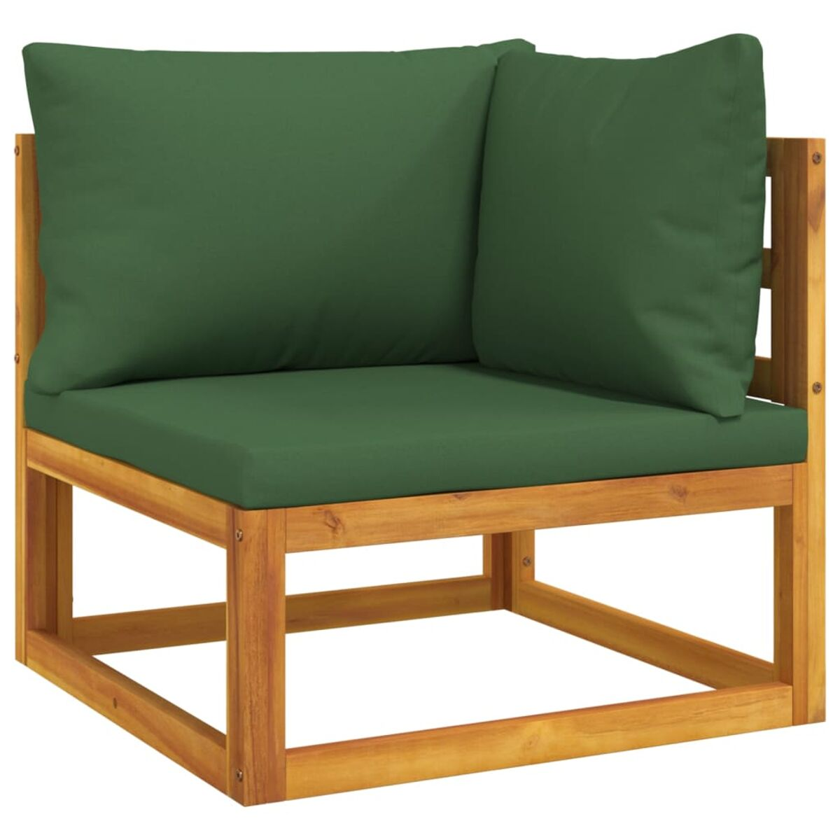 Eckstuhl aus Holz mit grünen Kissen. Eine bequeme Sitzgelegenheit im Freien.