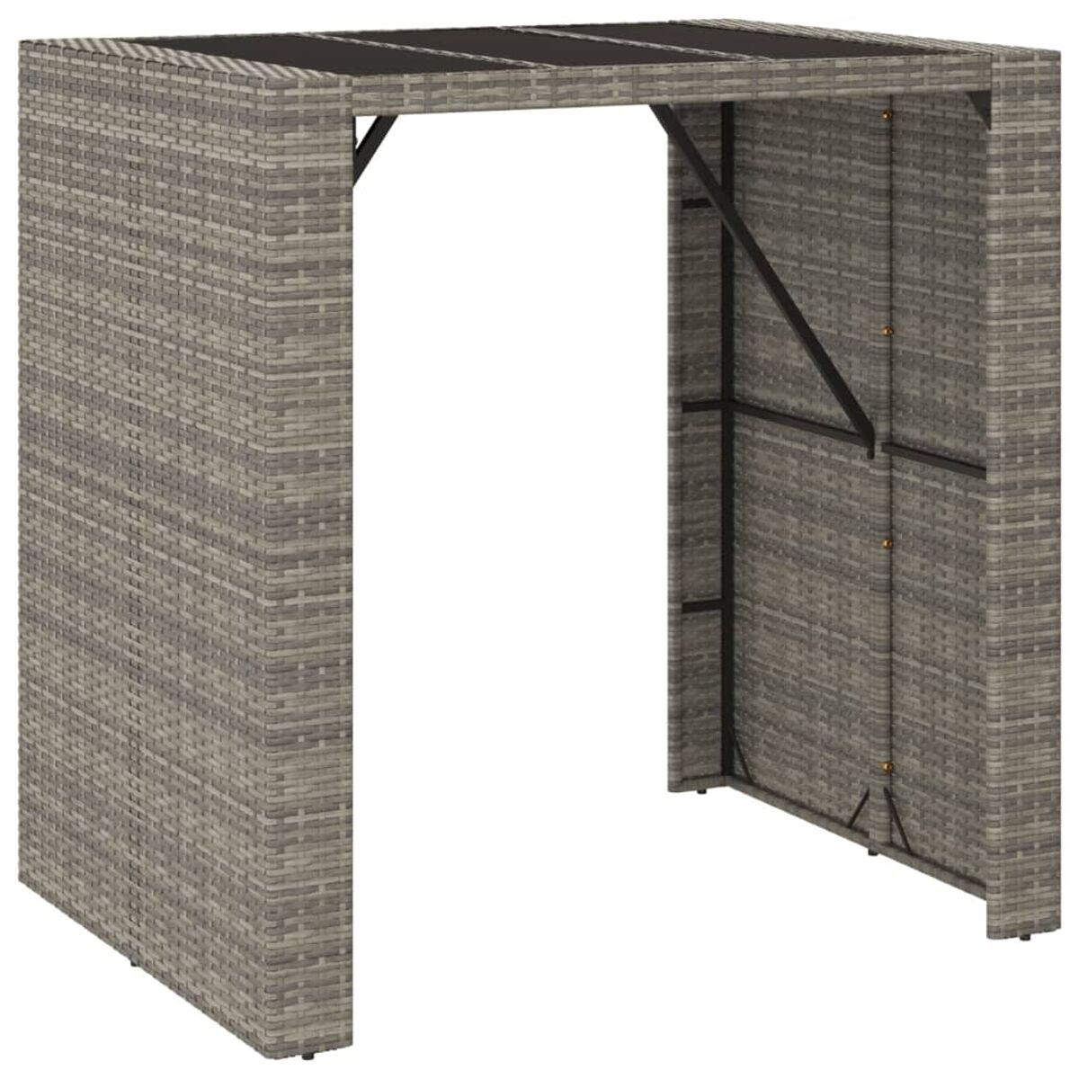 Eine graue Outdoor-Bar aus Rattan, rechteckige Form, mit schwarzer Oberseite.