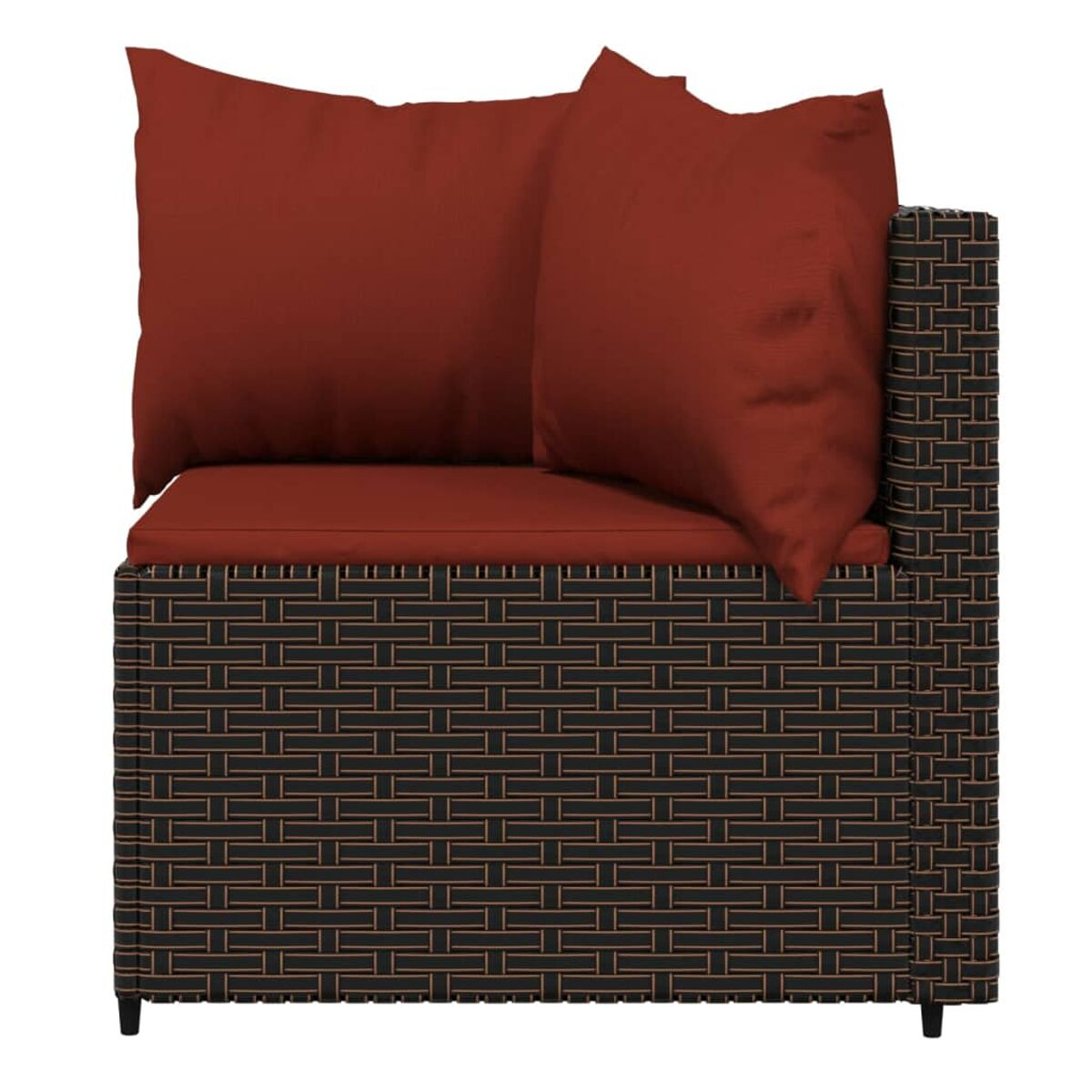 Ecksofa für den Außenbereich mit dunkelbraunem Webdesign. Es hat rote Kissen.
