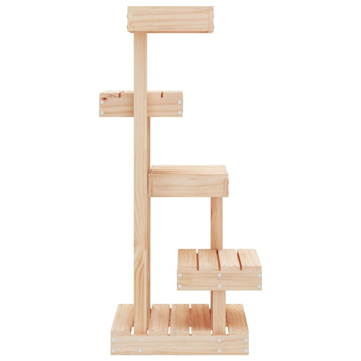 Ein dreistufiger Pflanzenständer aus Holz, Naturholzfarbe.