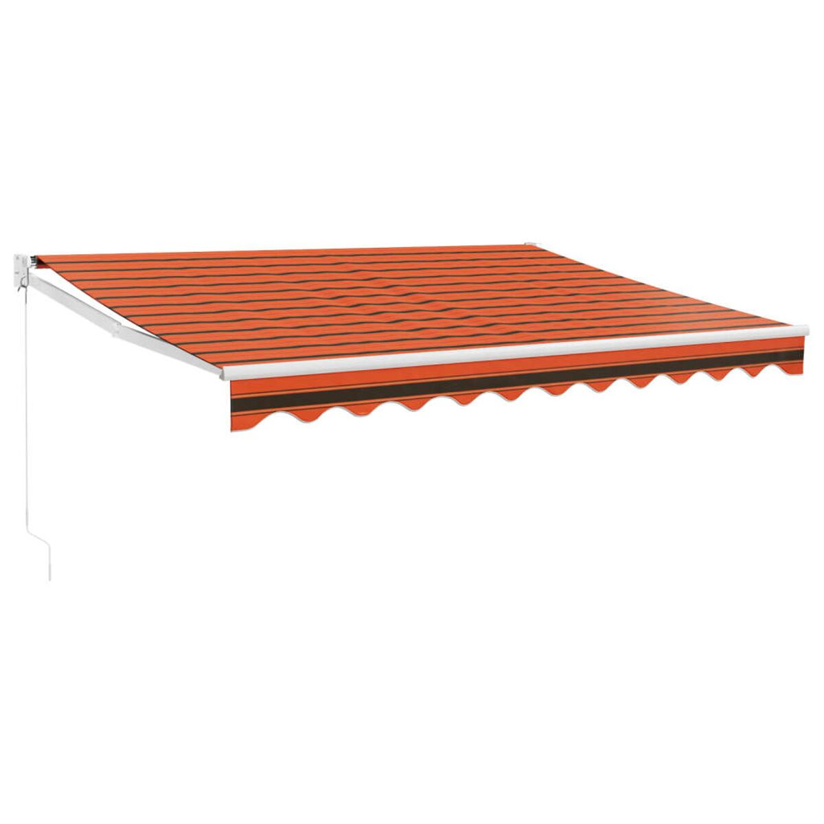 Eine Wandmarkise mit orangefarbenen und schwarzen Streifen. Ausgefahren, Farbschema sichtbar.