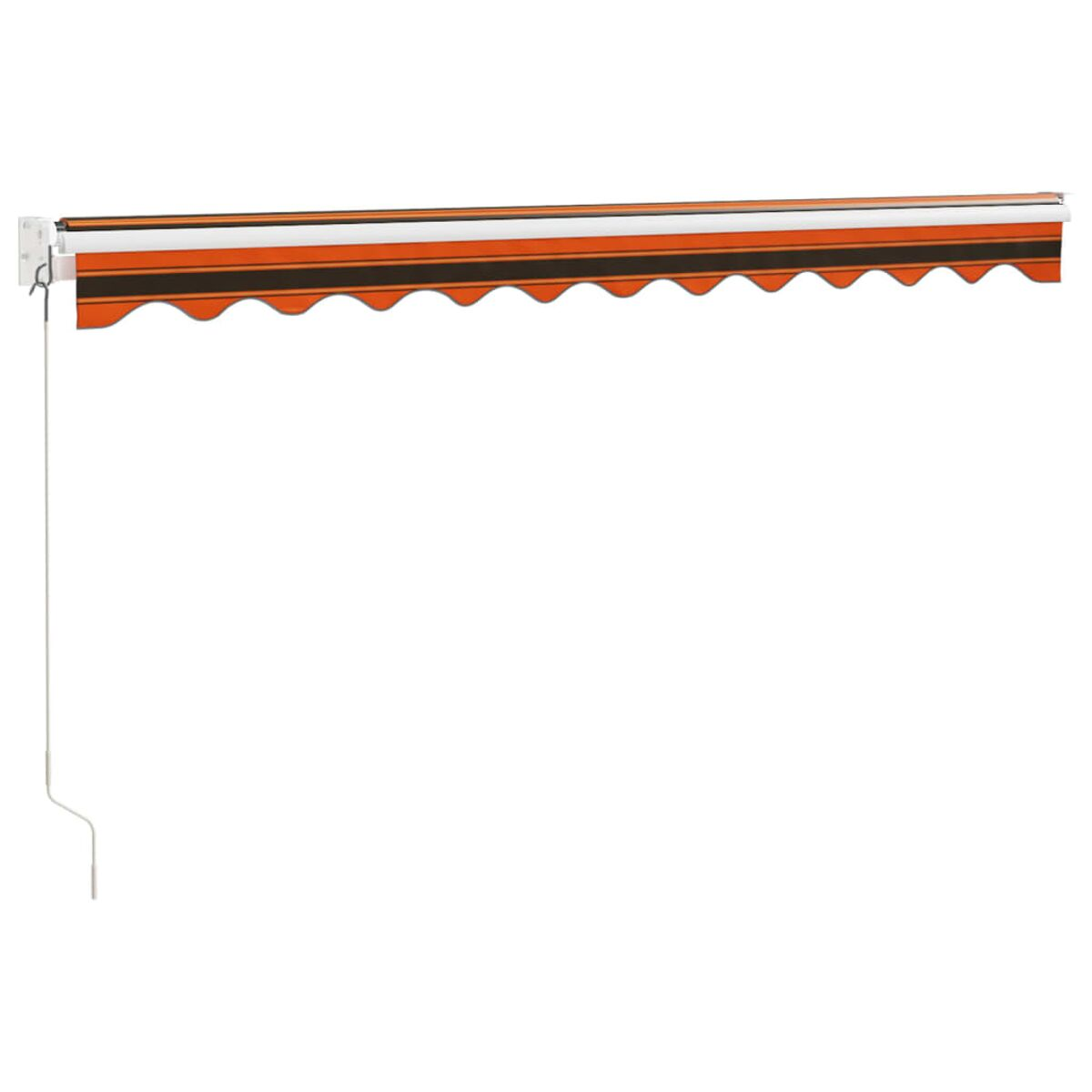 Orange und weiß gestreifte Markise. Sie hat einen gewellten Rand und ist ausgefahren.