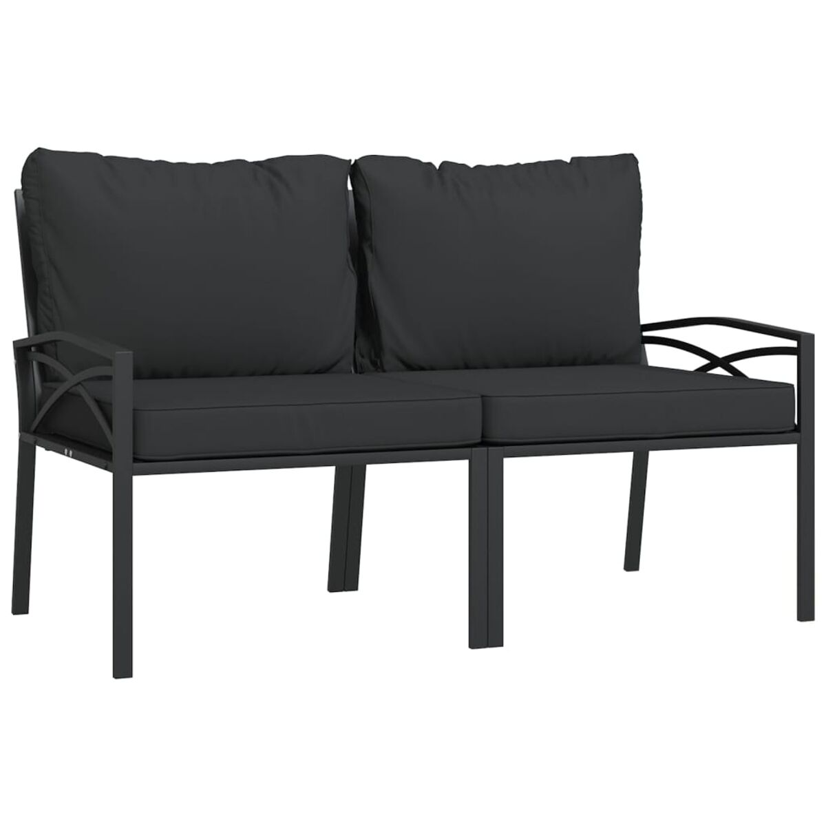 Schwarzes Metall-Sofa für draußen mit zwei grauen Kissen.