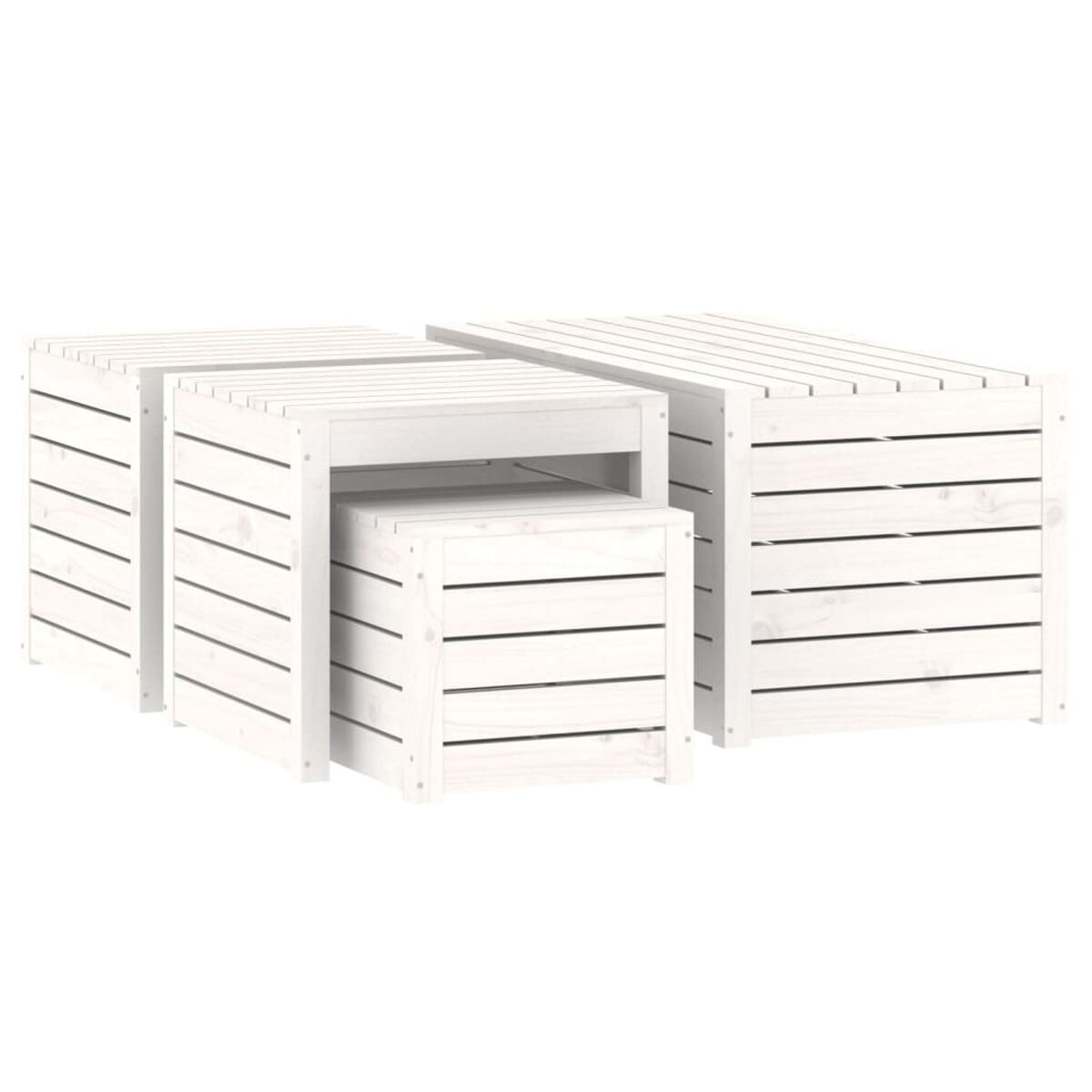 Weiße Holz-Aufbewahrungsboxen, ein Set aus drei, eine kleinere in einer größeren.
