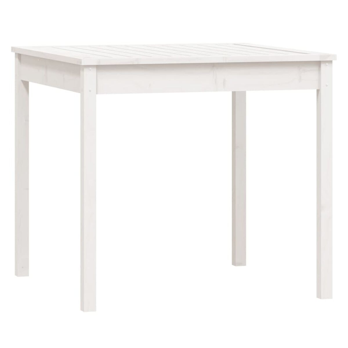 Ein weißer quadratischer Tisch mit vier Beinen. Er steht auf weißem Hintergrund.