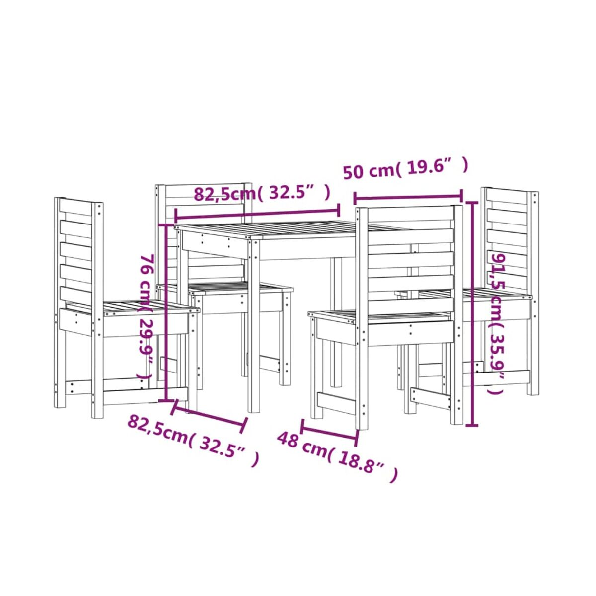 Diagramm mit den Abmessungen eines Essgruppen-Sets für den Außenbereich. Es umfasst einen Tisch und vier Stühle.