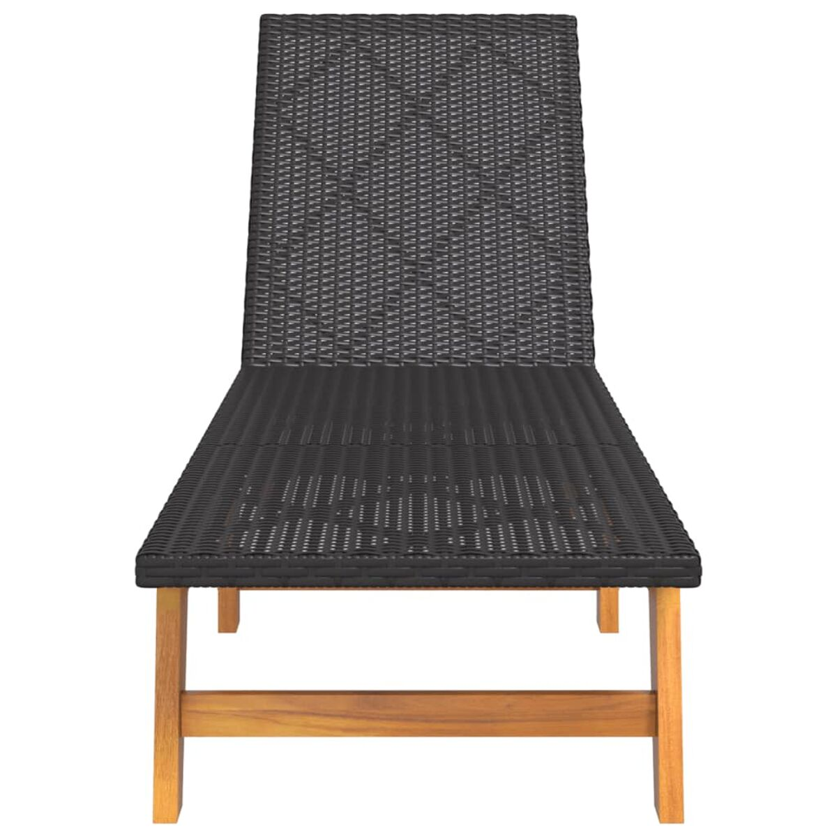 Schwarze gewebte Outdoor-Liege. Holzbeine und eine lange Rückenlehne.