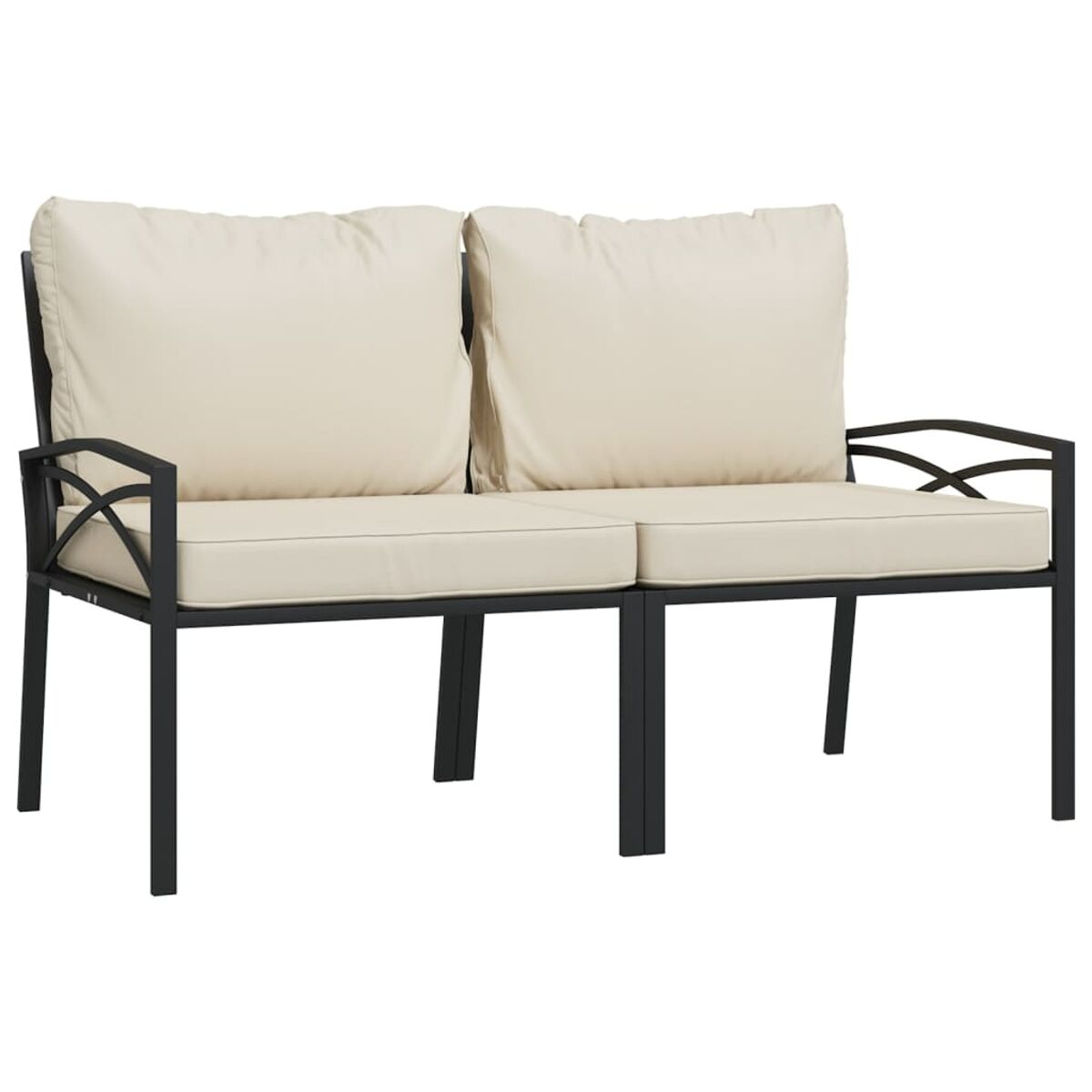 Zweisitzer-Outdoor-Sofa mit schwarzem Rahmen und cremefarbenen Kissen. Weißer Hintergrund.