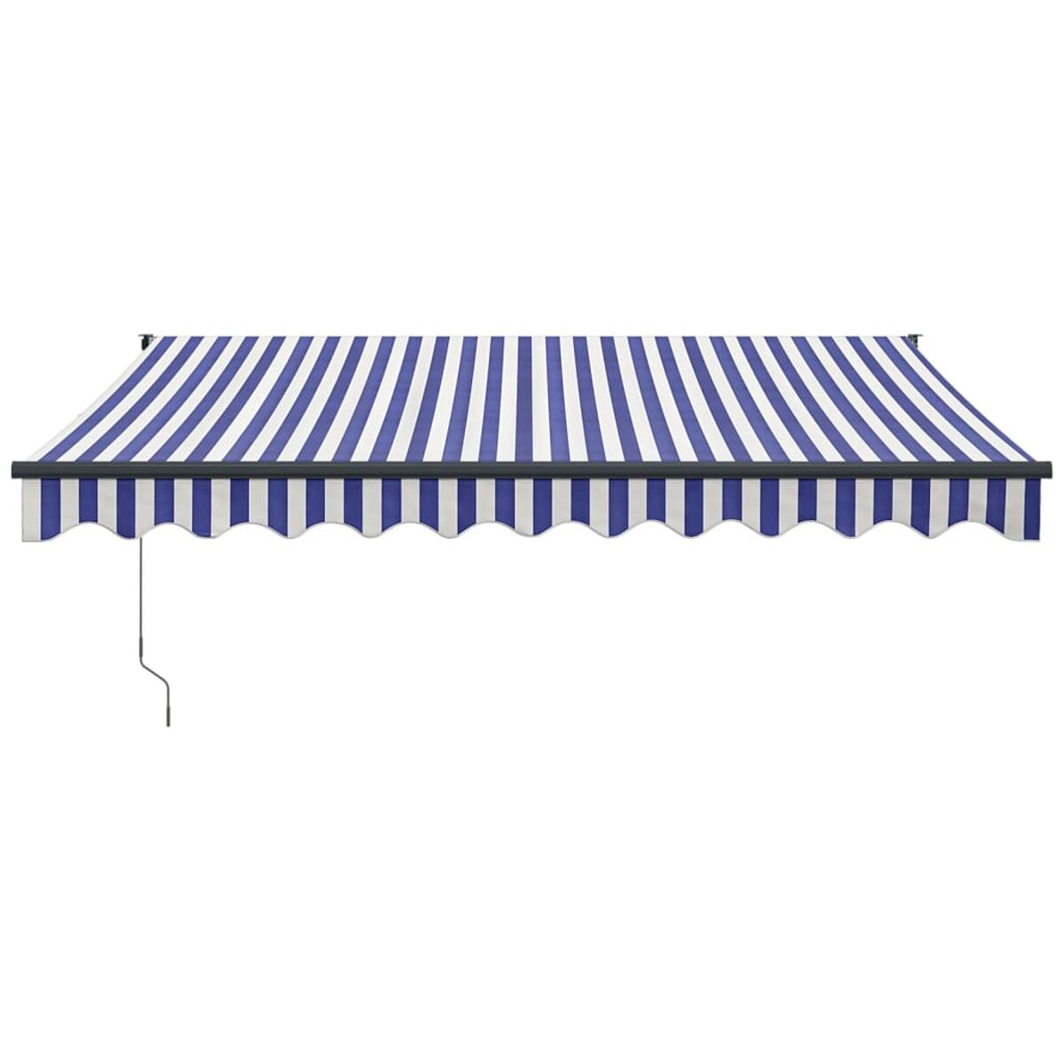 Ein blau-weiß gestreifter Markisen, mit schwarzem Besatz, vor weißem Hintergrund.