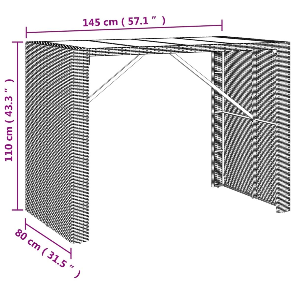 Outdoor-Bartisch aus gewebtem Material. Abmessungen in cm. Helle, neutrale Farbe. Weißer Hintergrund.