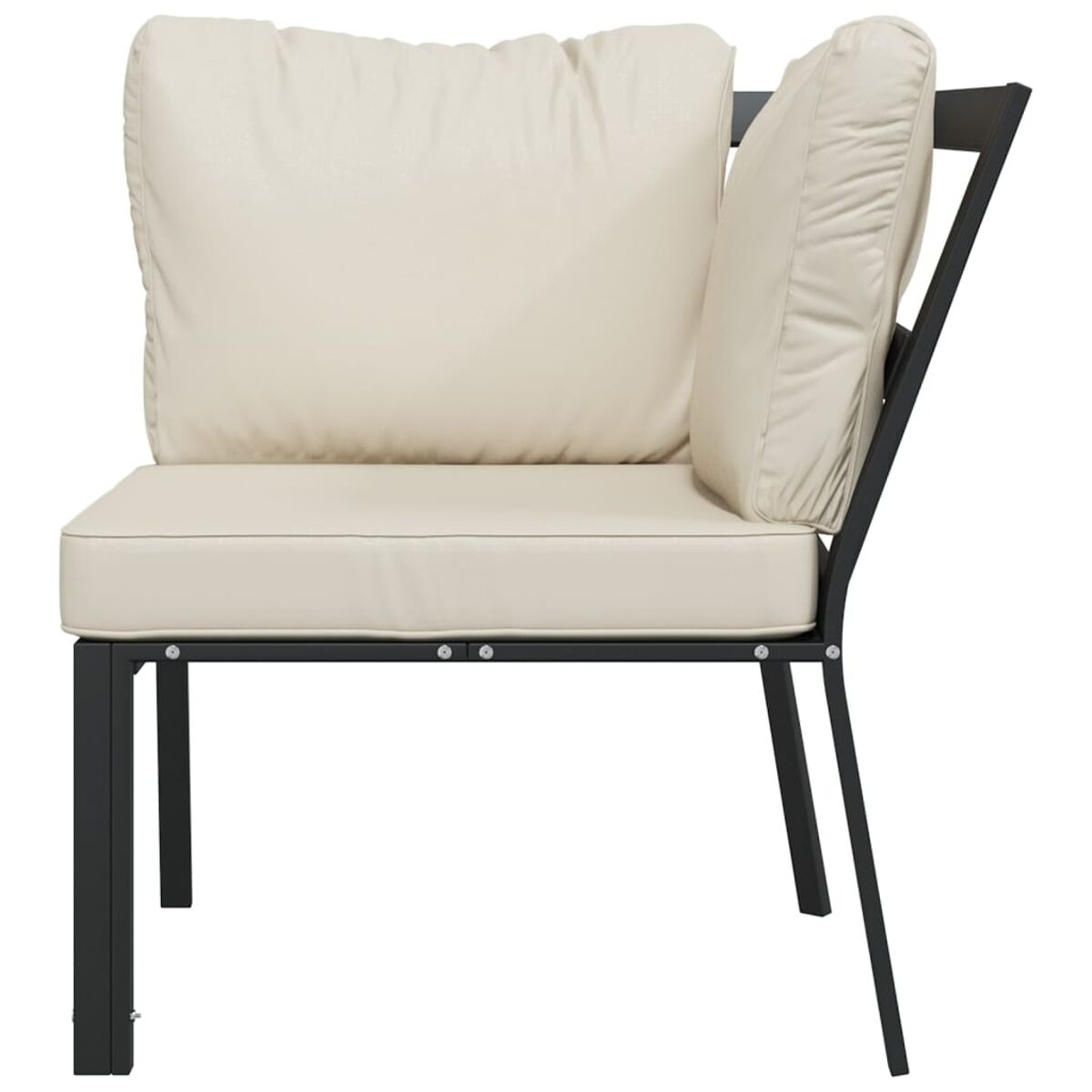 Ein schwarzer und beiger Eckstuhl. Sitz und Kissen sind beige.