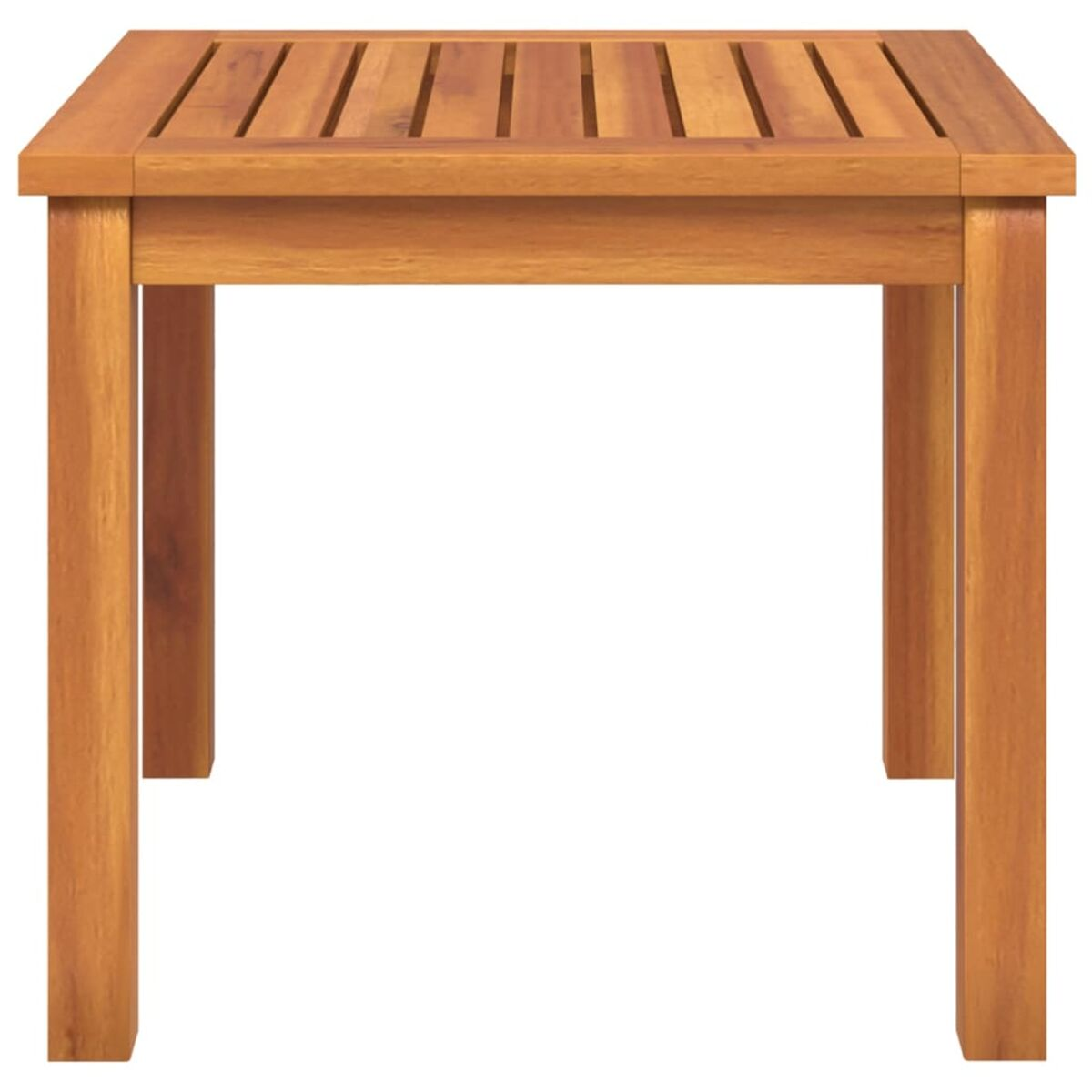 Ein quadratischer Holztisch mit einer Lattenoberfläche. Er ist aus hellem Holz gefertigt.