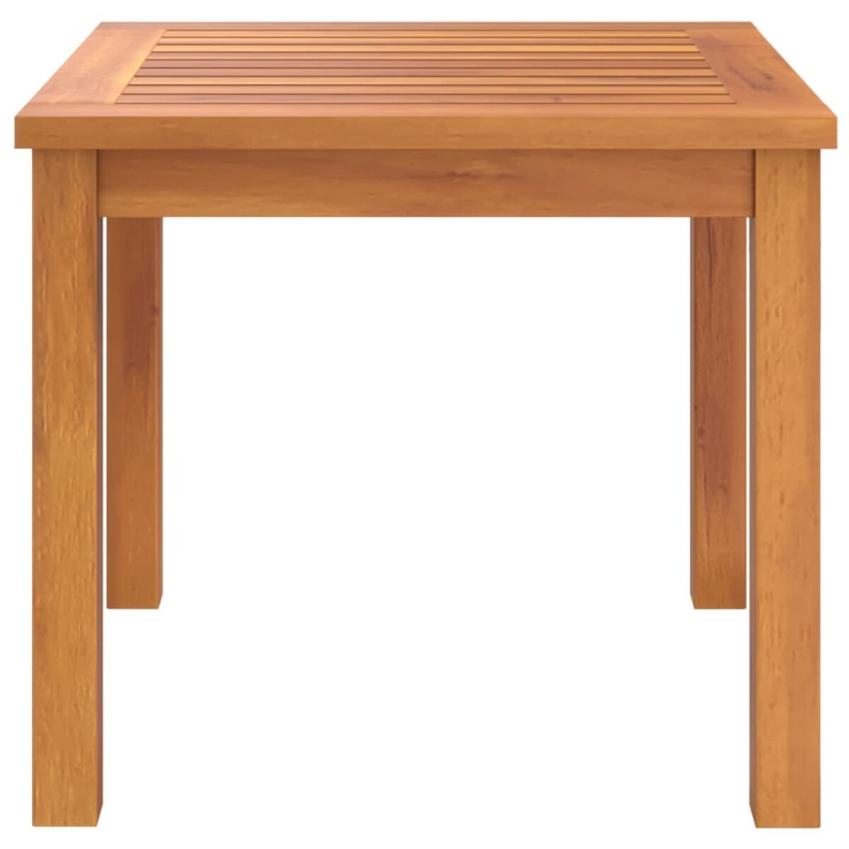 Quadratischer Holztisch mit horizontalen Lamellen oben. Hellbraun, schlichtes Design, isoliert.