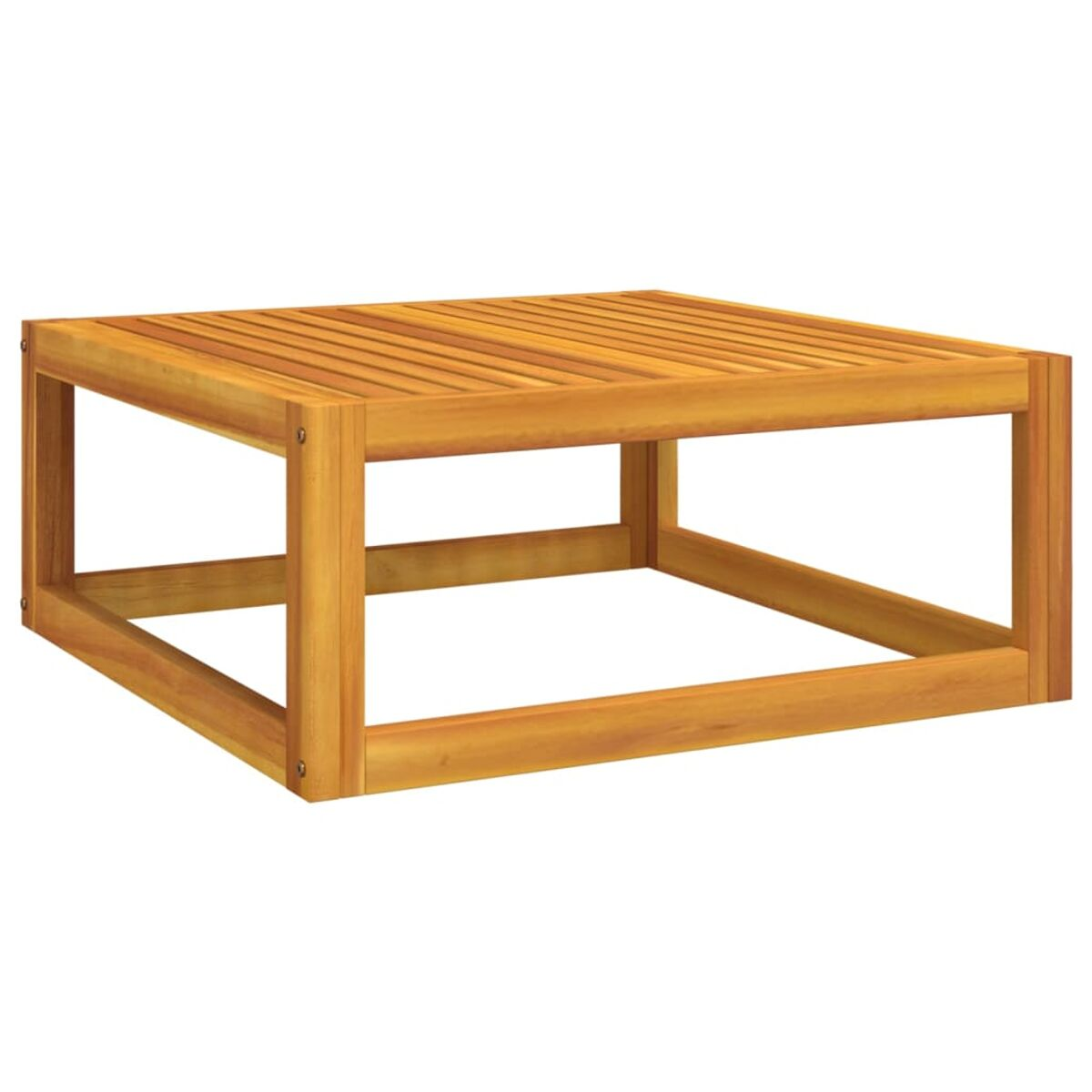 Ein quadratischer Couchtisch aus Holz. Er hat eine Lattenoberfläche und einen einfachen Rahmen.