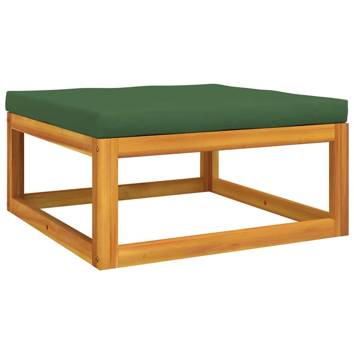Hocker im Freien aus Holz mit grünem Kissen. Das Gestell ist aus Holz und quadratisch.