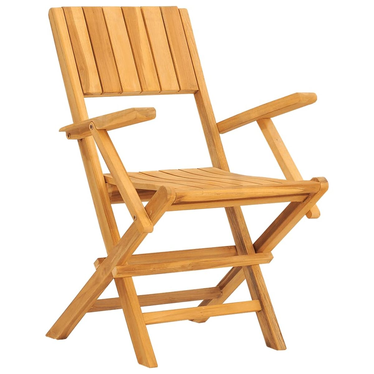 Holzklappstuhl mit Armlehnen, hellbraune Farbe, schräge Ansicht, isoliert auf weißem Hintergrund.