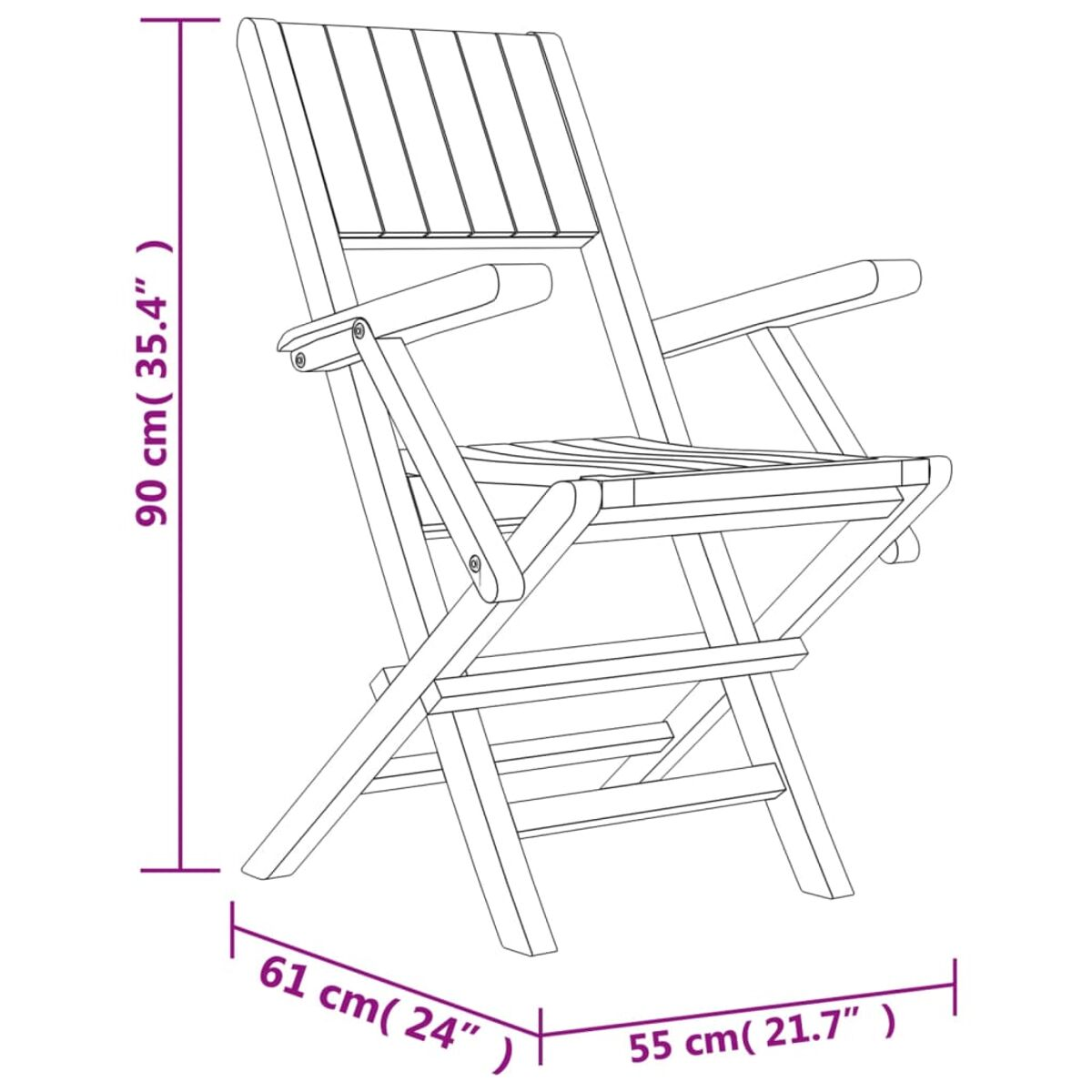 Diagramm eines zusammenklappbaren Holzstuhls. Er hat eine Lattenlehne und -sitz, mit Maßen in cm und Zoll.