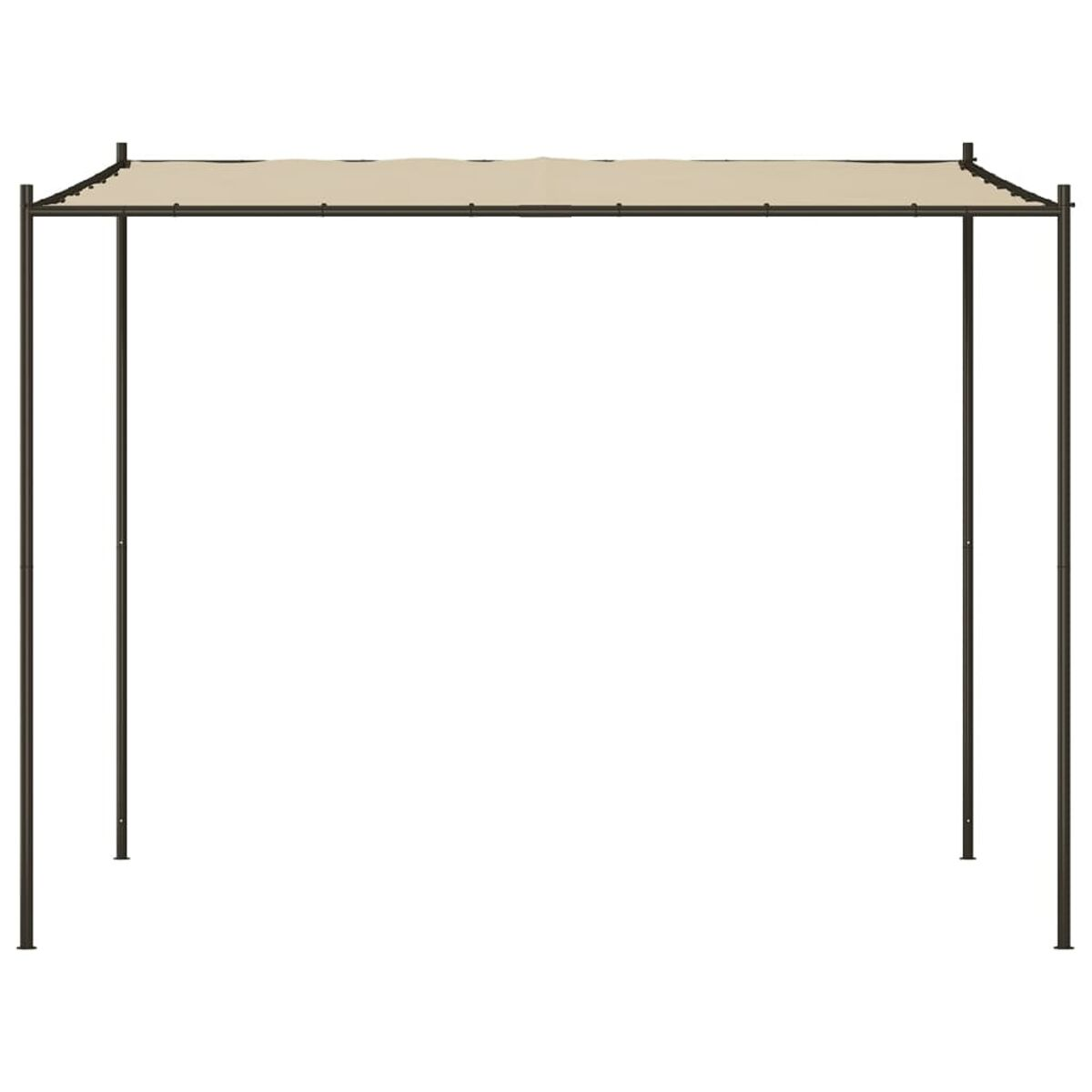 Pergola mit beigem Baldachin. Sie hat dunkelbraune Stangen und steht vor weißem Hintergrund.