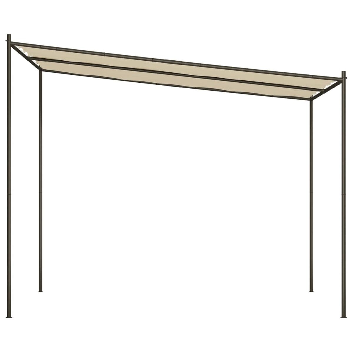 Eine beige Pergola mit einfachem Design. Sie hat vier Stützpfosten und ein Vordach oben.