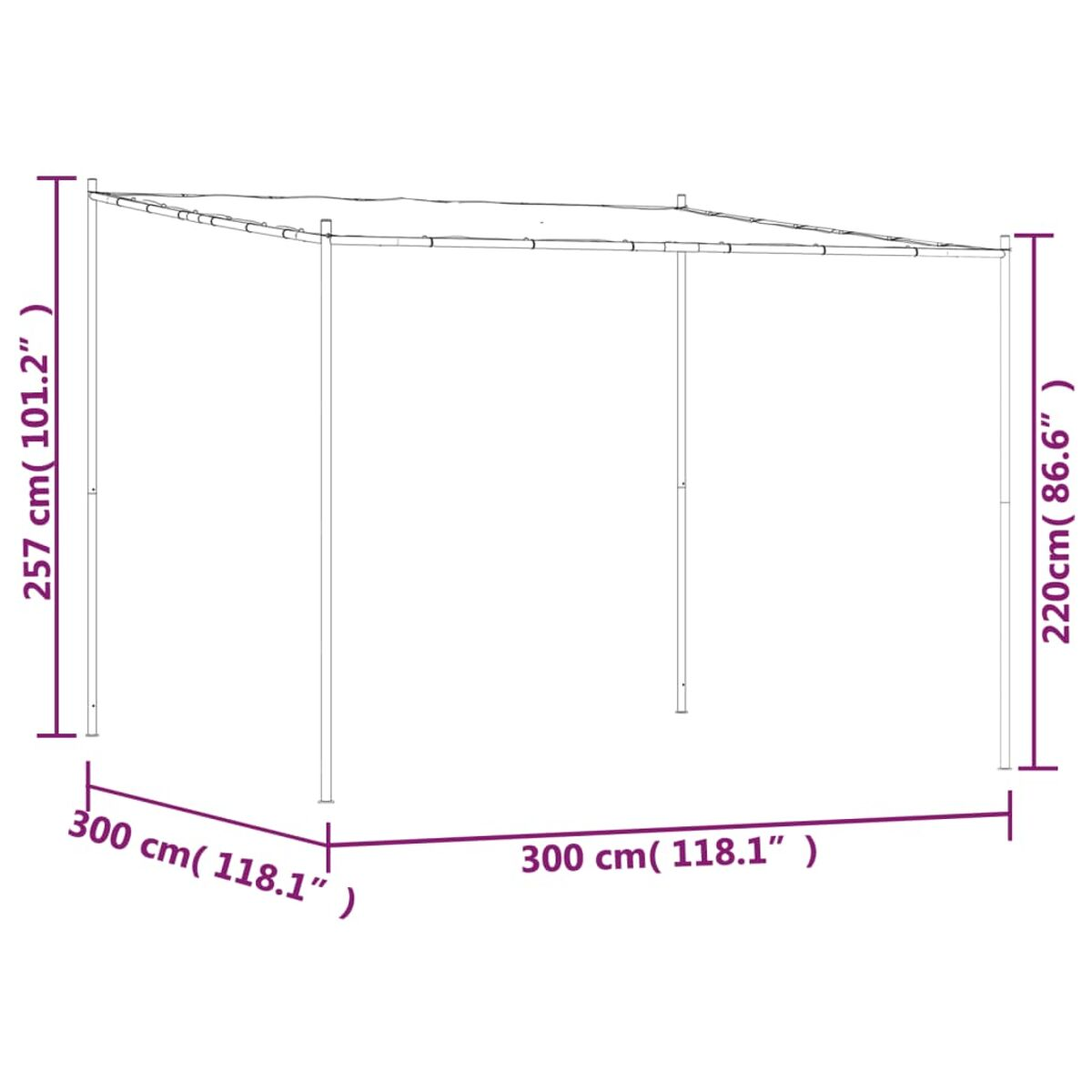 Ein weißer Pavillon wird mit Abmessungen gezeigt. Er ist 300 cm (118,1") an beiden Seiten und 257 cm (101,2") hoch.