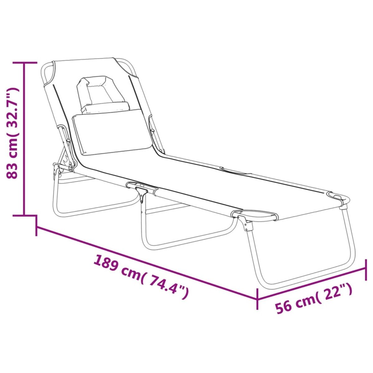 Eine Outdoor-Liege mit Abmessungen in Zentimetern und Zoll, auf Weiß.
