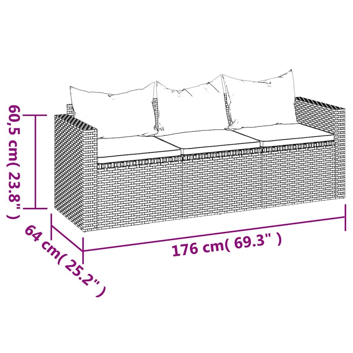 Rattansofa mit drei Kissen, Abmessungen in cm und Zoll angegeben.