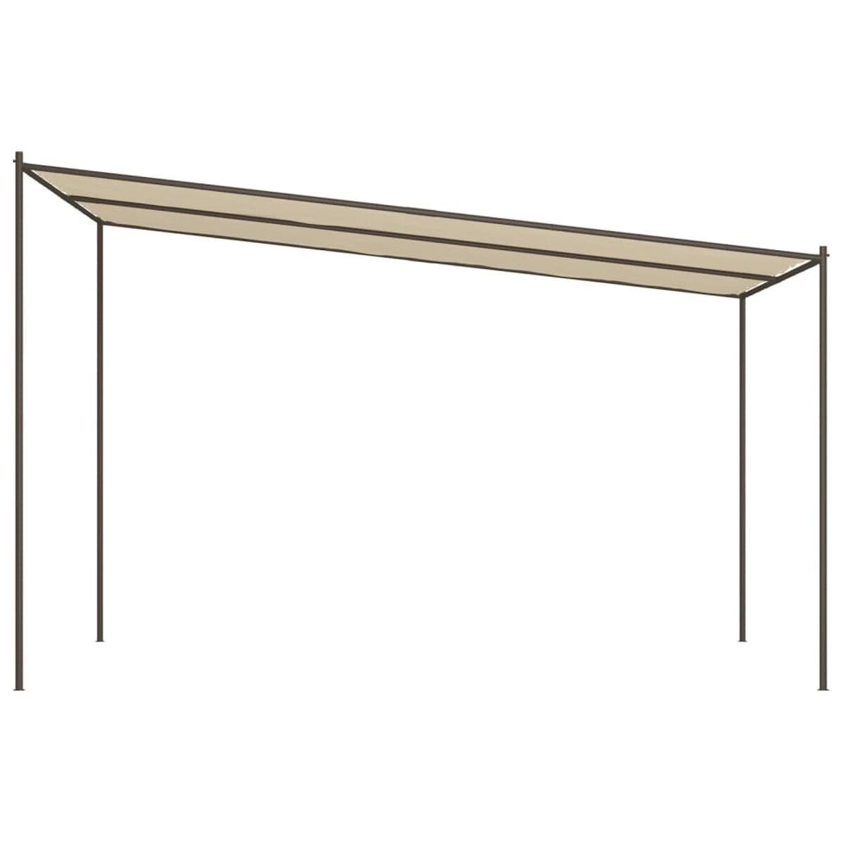 Pergola-Rahmen, beiges Stoffdach. Es ist ein einfaches Design mit dunkelbraunen Pfosten.