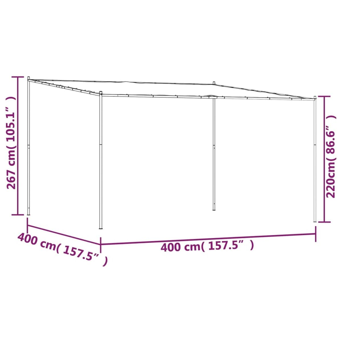 Diagramm eines weißen Pavillons mit Abmessungen. Es ist eine quadratische Struktur.