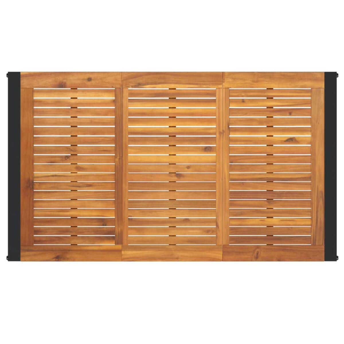Ein Holztisch wird von oben gezeigt. Er hat ein Lamellendesign mit schwarzen Rändern auf beiden Seiten.