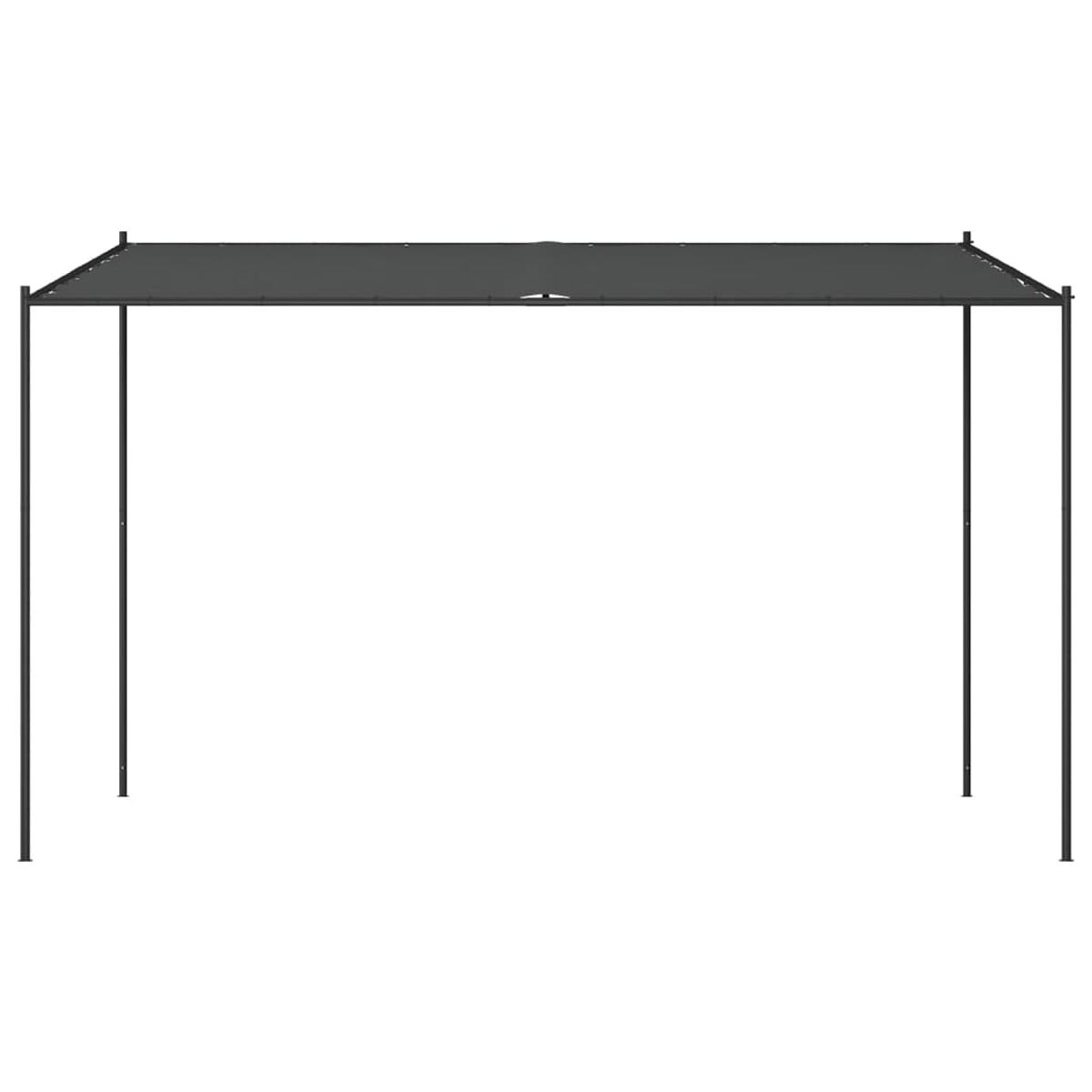 Eine schwarze Pergola mit einem dunkelgrauen Baldachin. Sie hat vier vertikale Pfosten.