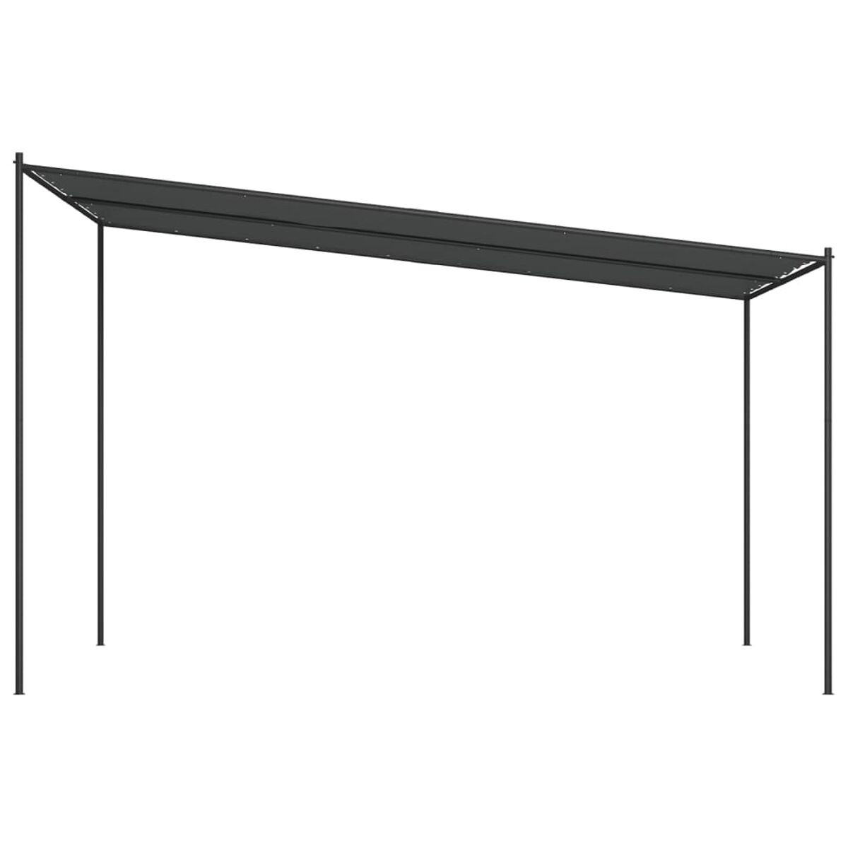 Eine dunkelgraue Pergola mit vier schwarzen Pfosten. Das Vordach ist über die Pfosten gespannt.