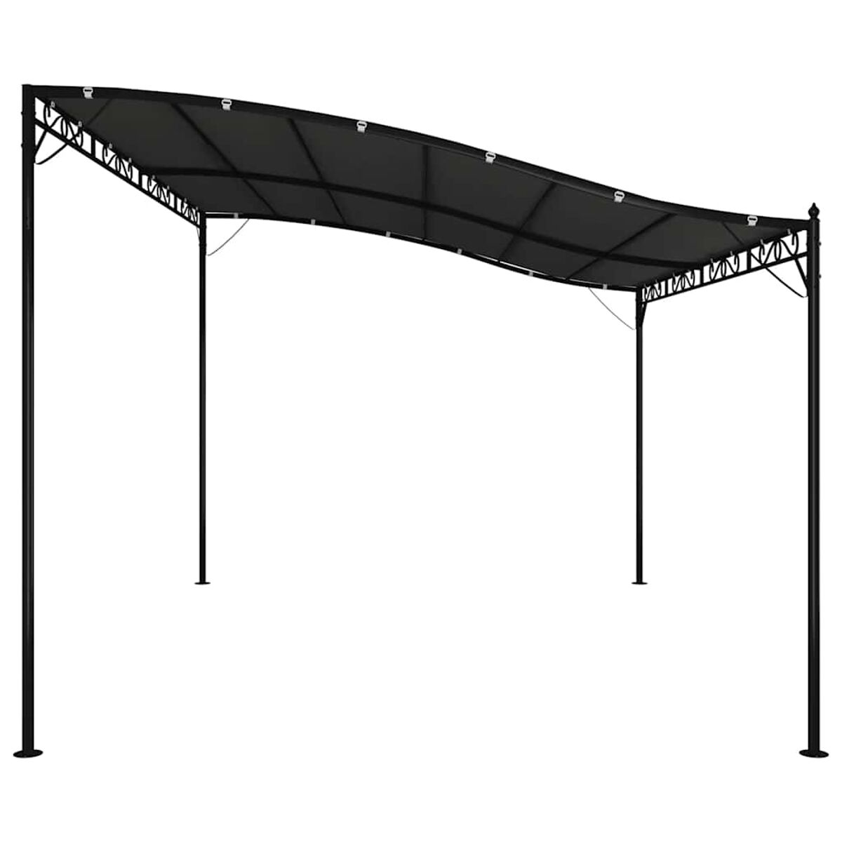 Schwarze Pergola mit vier Pfosten. Der Rahmen ist schwarz. Die Oberseite ist schwarz und gebogen.
