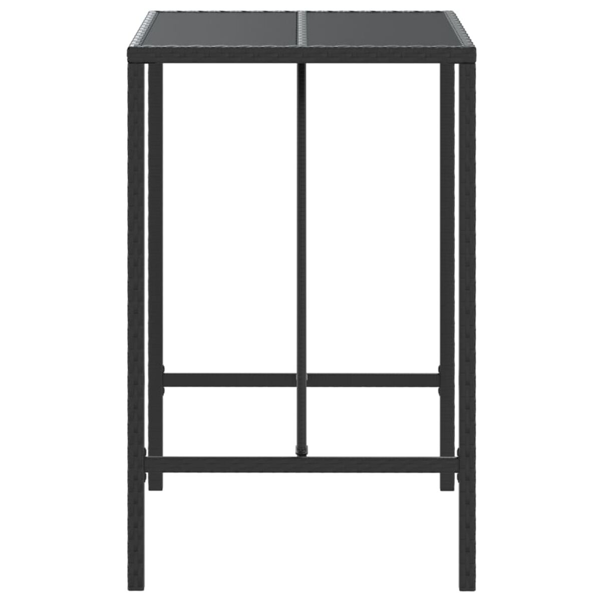 Ein schwarzer Metall-Bartisch mit Glasplatte. Er hat eine quadratische Oberseite und eine Fußstütze.