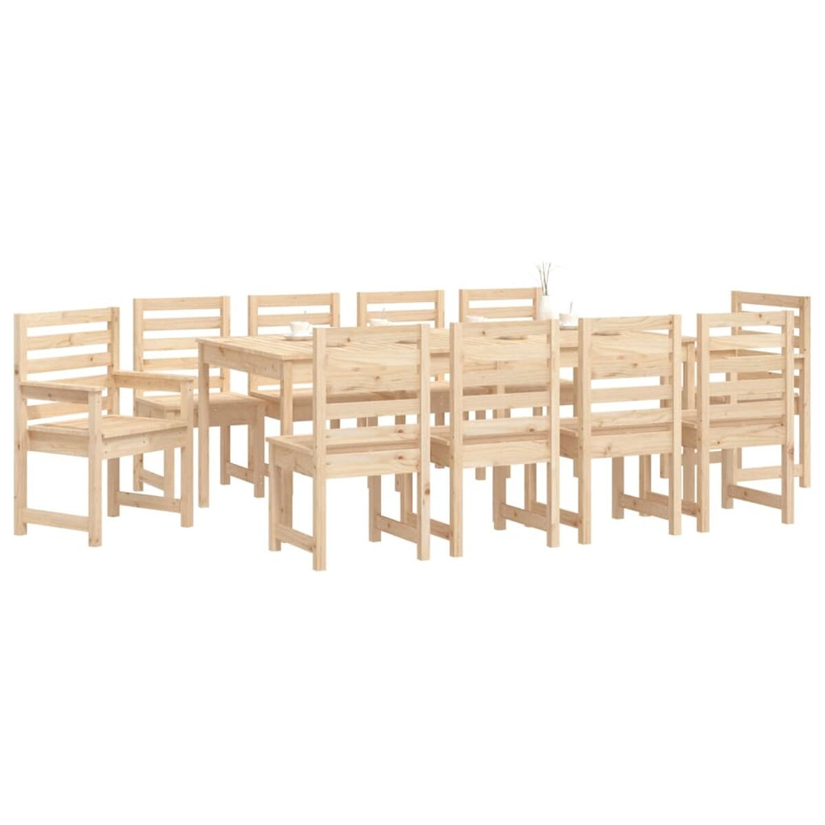 Essgruppe aus Holz. Enthält einen rechteckigen Tisch und zwölf Stühle. Die Einstellung ist hellbraun.