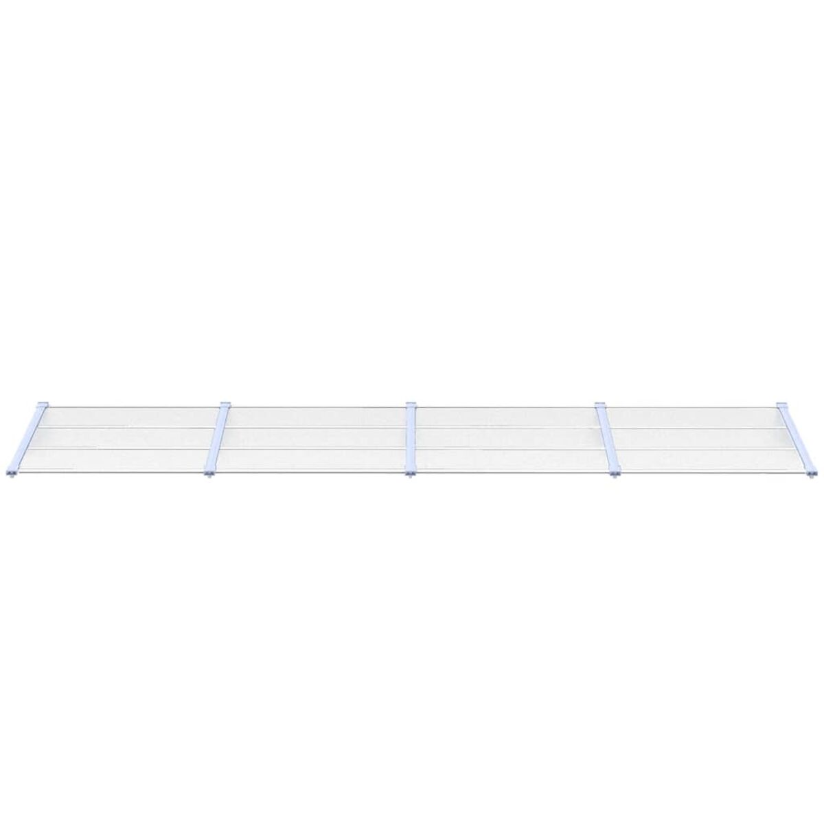Eine Reihe von Glasscheiben mit Metallrahmen, horizontal vor weißem Hintergrund angeordnet.