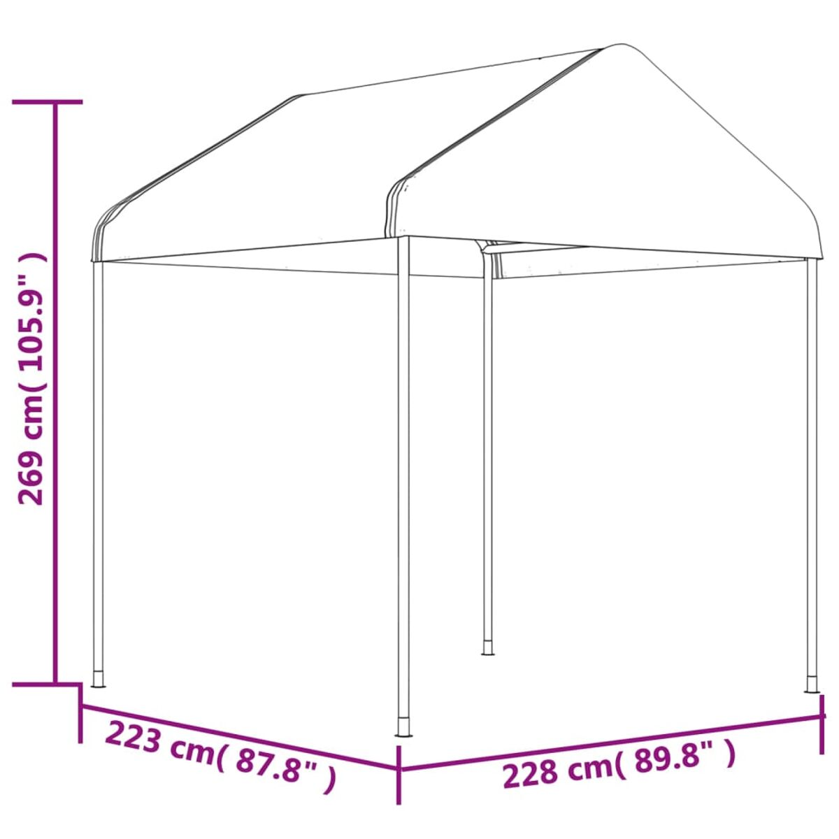 Strichzeichnung eines Pavillons mit Abmessungen in cm und Zoll.