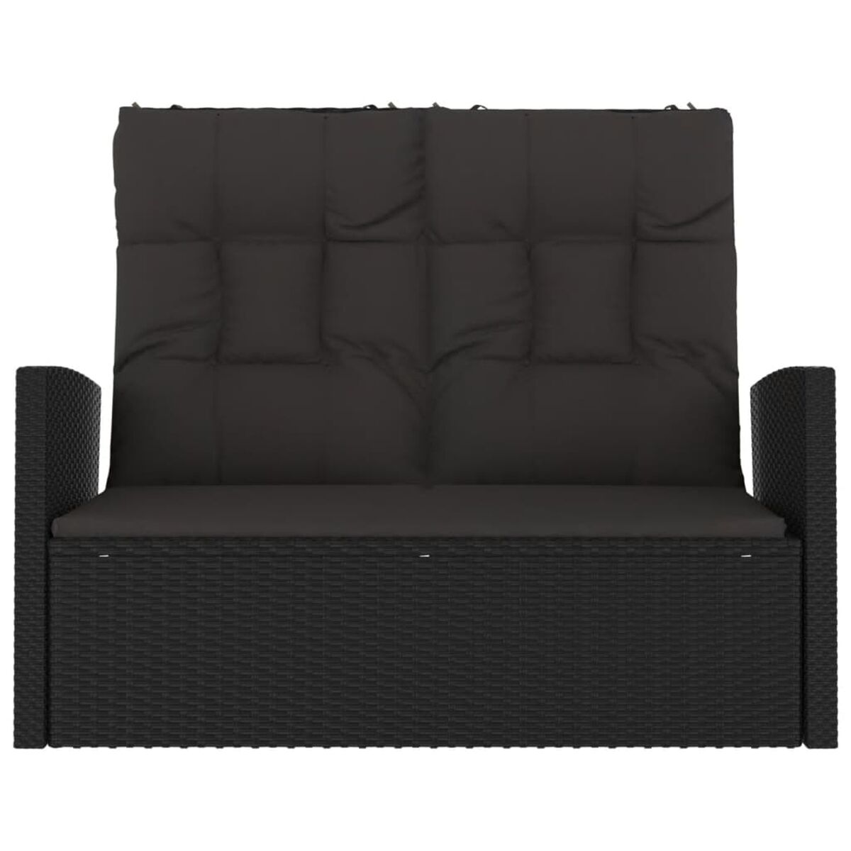 Ein schwarzes Outdoor-Korsofa mit schwarzen Kissen. Weißer Hintergrund.
